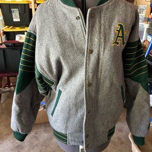 Gray and Green Varsity Jacket with A's Logo